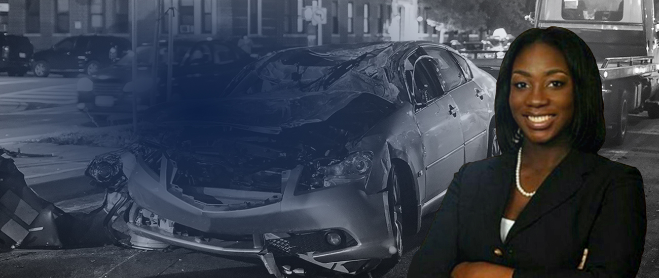 Profile photo of Tracy Udunka-Dennis with a background showcasing a black and white frontal view photograph of a crashed car.